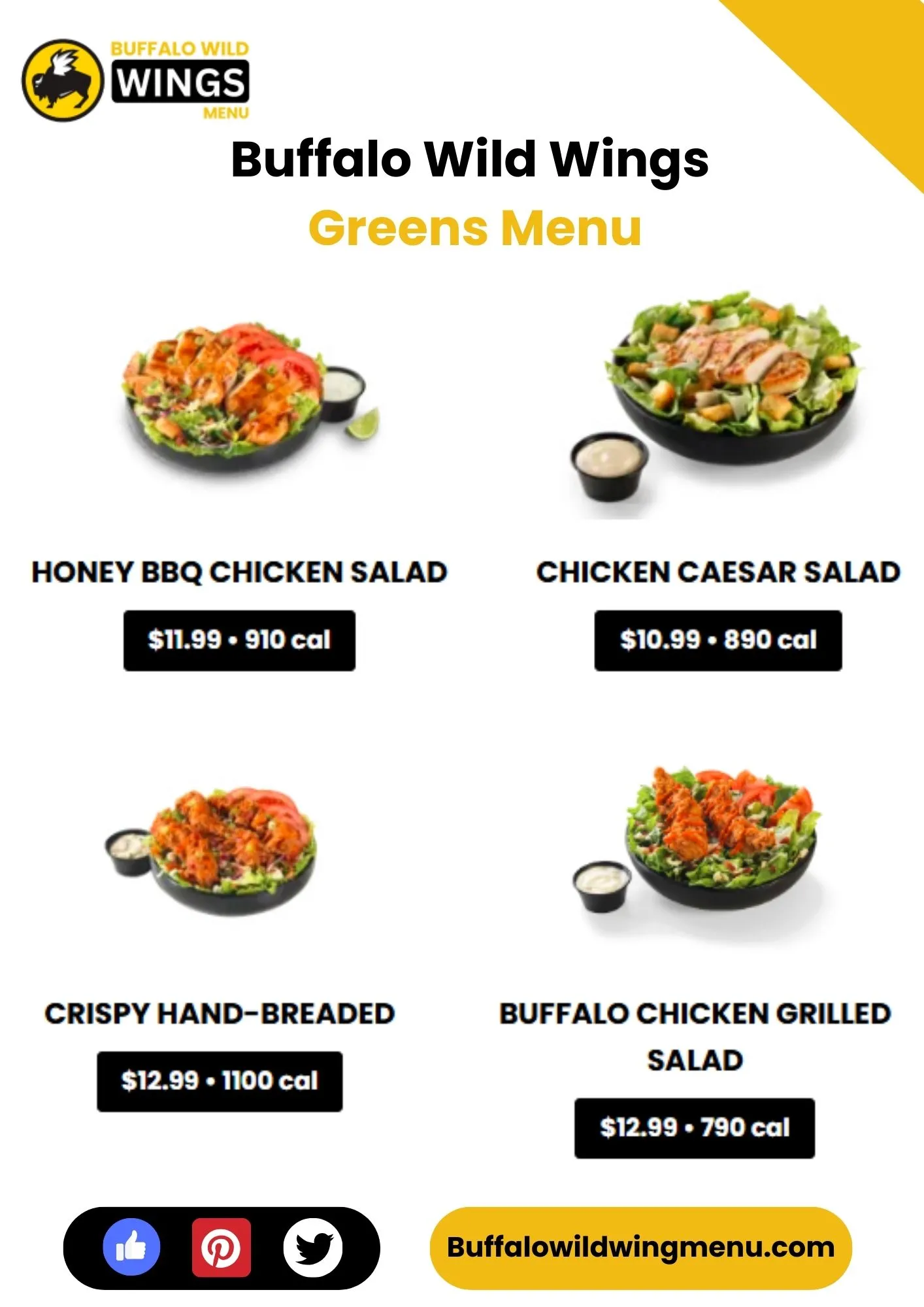 Buffalo Wild Wings Greens Menu Card