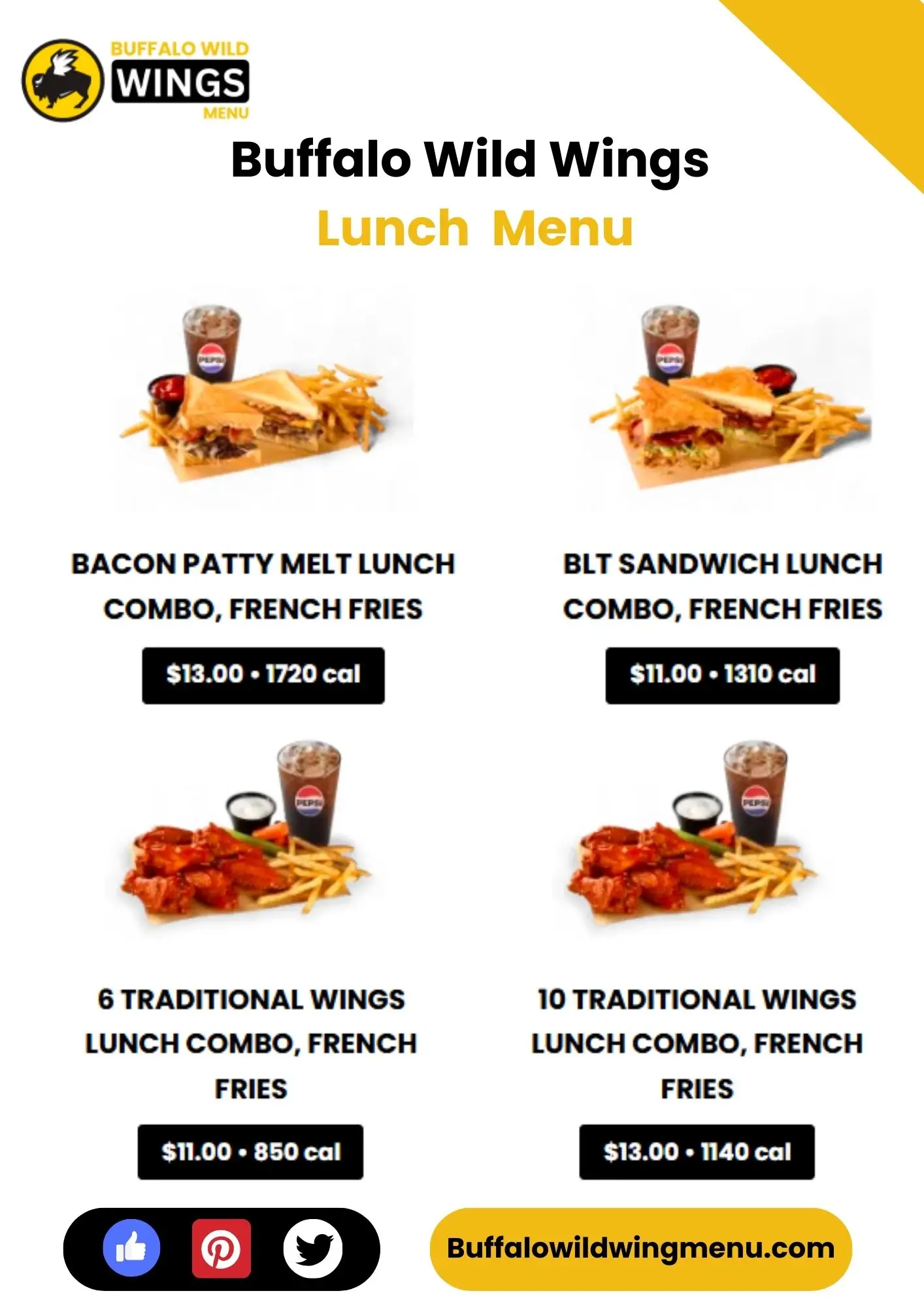 Buffalo Wild Wings Lunch Menu Card