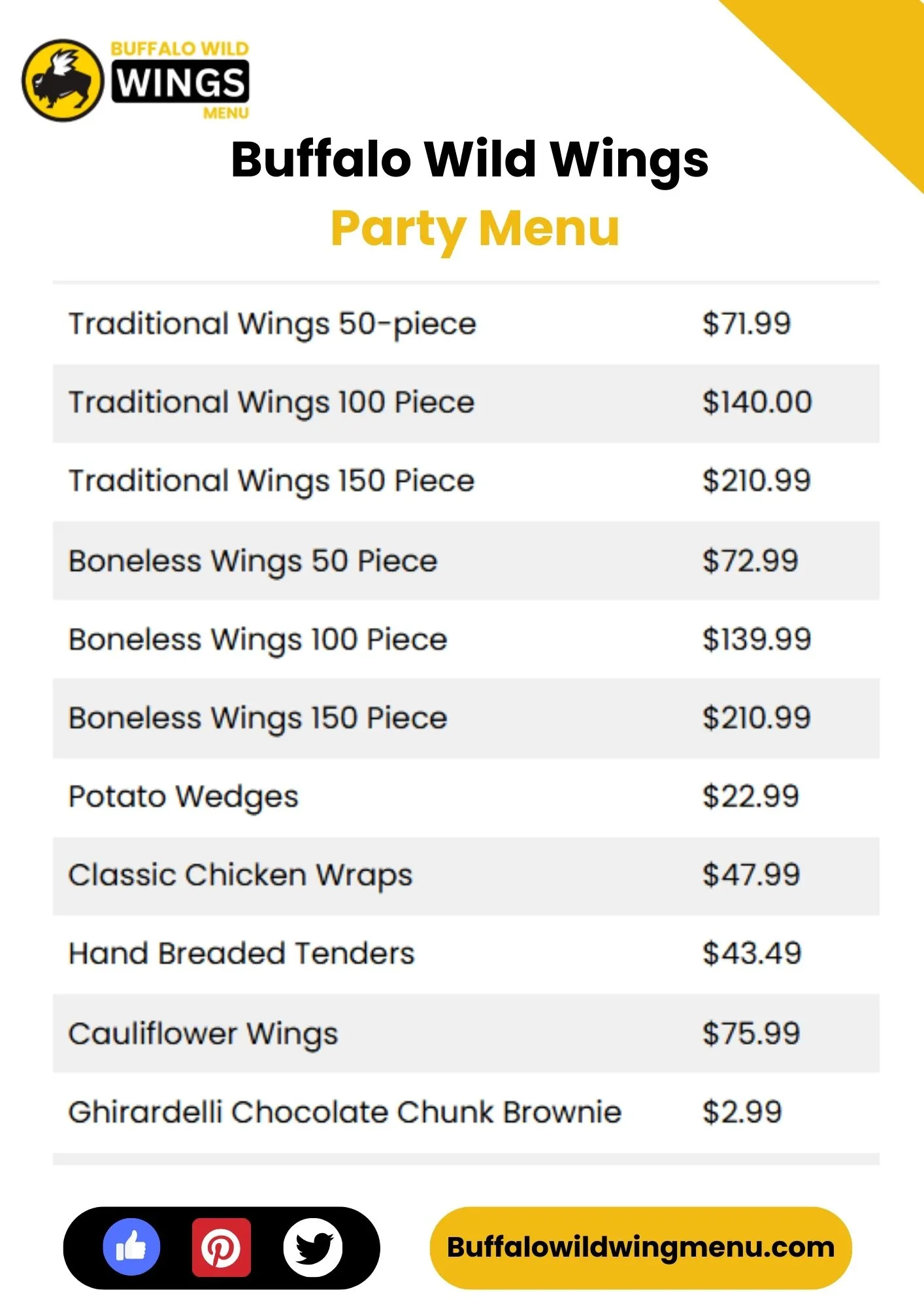 Buffalo Wild Wings Party Menu Card